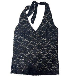 Vintage Y2K 90s Black Lace Sparkle Halter Top Joule - Size Medium